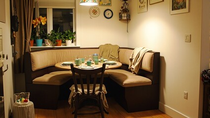 Cozy kitchen nook with round table cushioned chairs colorful dishware potted plants pendant lamp and soft throw