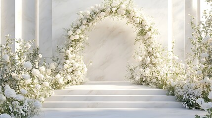 A luxury wedding arch with a marble structure and delicate white roses cascading from the top 
