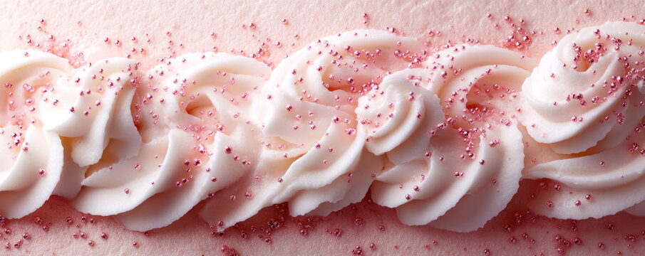 Delicious pink buttercream icing swirls decorating a cake
