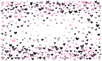 Lovely scattered hearts in pink, purple, and black against a white background.  Perfect for Valentine's Day, wedding, or romantic designs; ideal for web banners, cards, and social media.