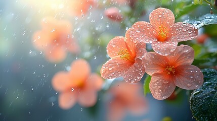 Close-up of three peach hibiscus flowers with rain droplets.