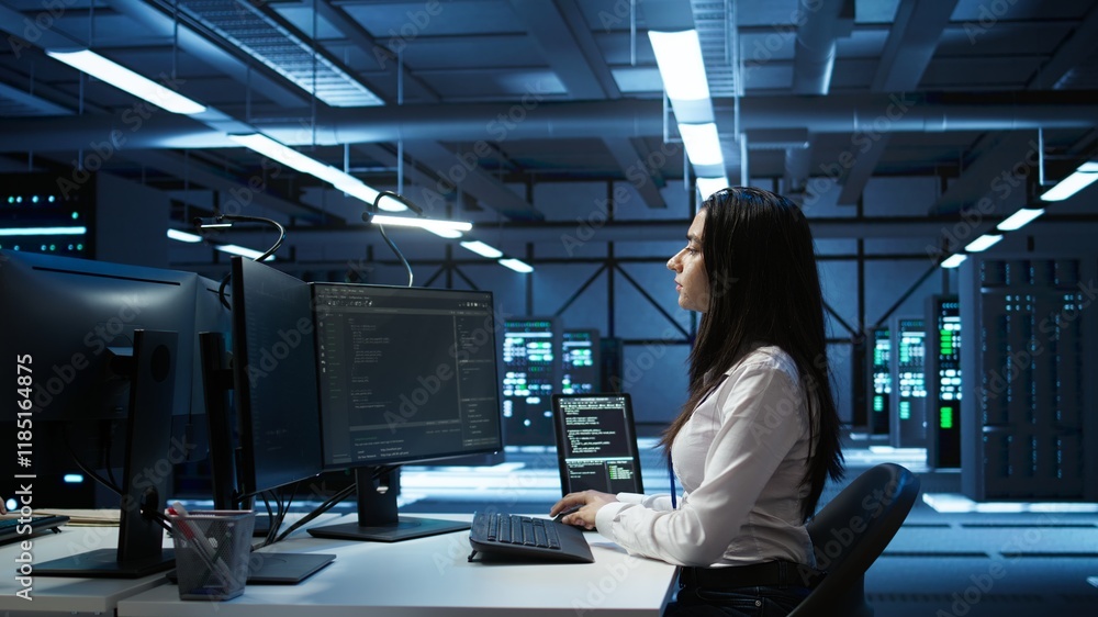 Poster engineer in data center sitting down at desk, installing software on computer, troubleshooting issue