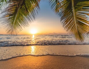Fototapeta premium Relaxing Afternoon at a Tropical Beach With Palm Trees and Sunset Over Calm Ocean Waves