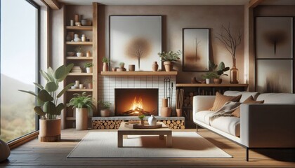 Cozy living room, warm fireplace, cream sofa, wooden coffee table, bookshelves, framed artwork, stacked firewood, soft lighting, rustic modern decor, earth tones, intimate atmosphere, hygge interior, 