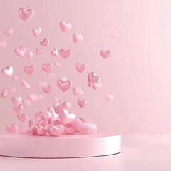 Pink hearts floating on a pedestal. Valentine's Day concept.