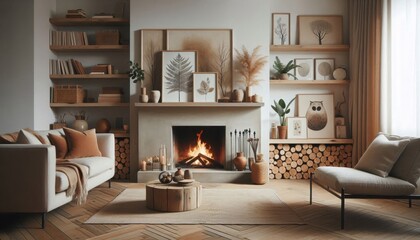 Cozy living room, warm fireplace, cream sofa, wooden coffee table, bookshelves, framed artwork, stacked firewood, soft lighting, rustic modern decor, earth tones, intimate atmosphere, hygge interior, 