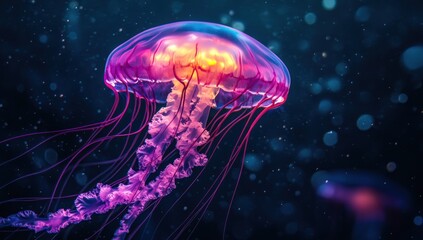 Naklejka premium Glowing Jellyfish in a Deep Blue Sea