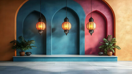 Moroccan lanterns illuminate arched alcove