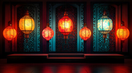 Obraz premium Glowing lanterns illuminate Asian palace interior