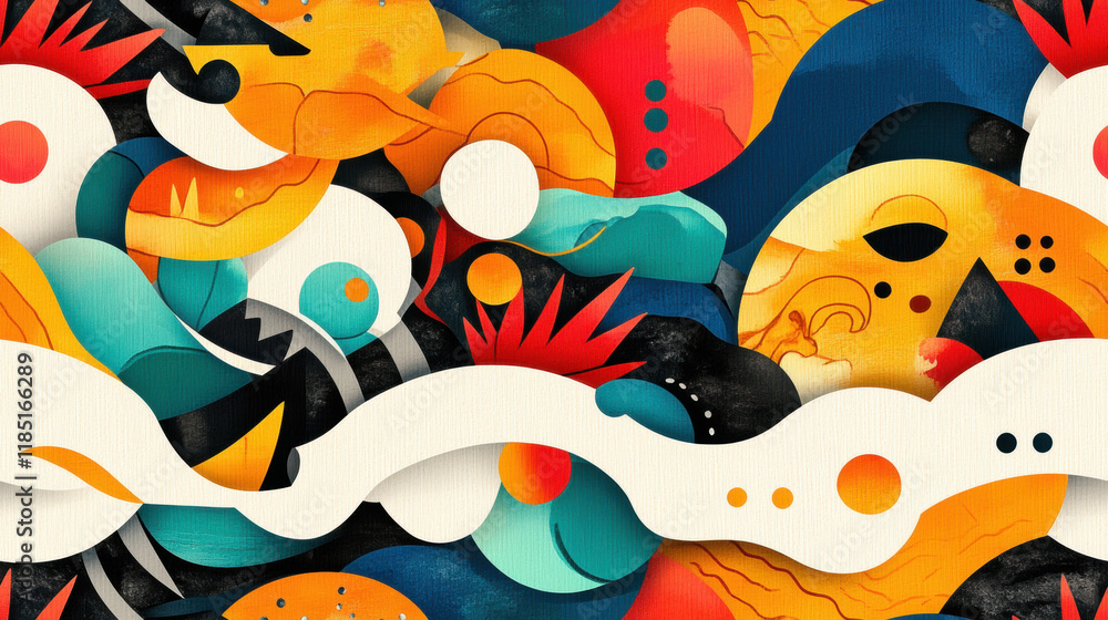 Poster seamless pattern, vibrant abstract artwork featuring bold colors and dynamic shapes, creating an ene