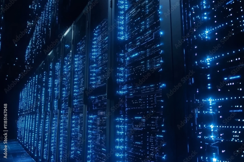 Poster modern data center with glowing server racks and advanced technology illuminating the room in blue l
