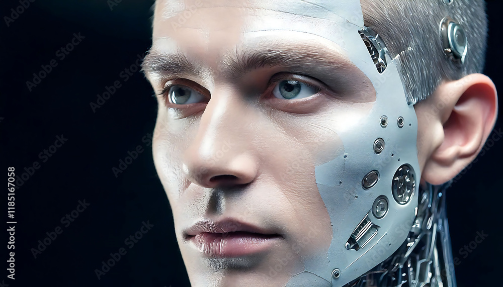 Poster close-up portrait of a futuristic cyborg, showcasing intricate robotic features seamlessly integrate