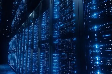 Modern Data Center with Glowing Server Racks and Advanced Technology Illuminating the Room in Blue Light, Representing Digital Infrastructure and Network Solutions