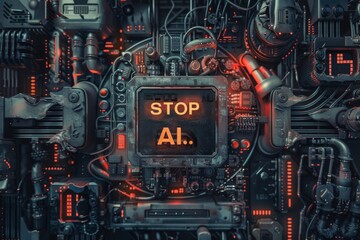 Futuristic circuitry with ai warning