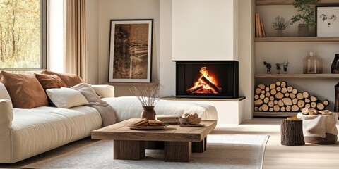 Fototapeta premium Cozy living room, warm fireplace, cream sofa, wooden coffee table, bookshelves, framed artwork, stacked firewood, soft lighting, rustic modern decor, earth tones, intimate atmosphere, hygge interior, 