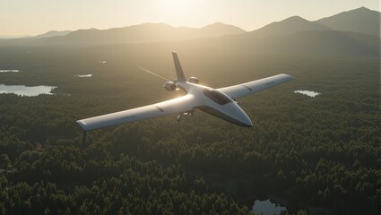 Solar powered drone flying over pristine landscape with forest mountains and lakes below