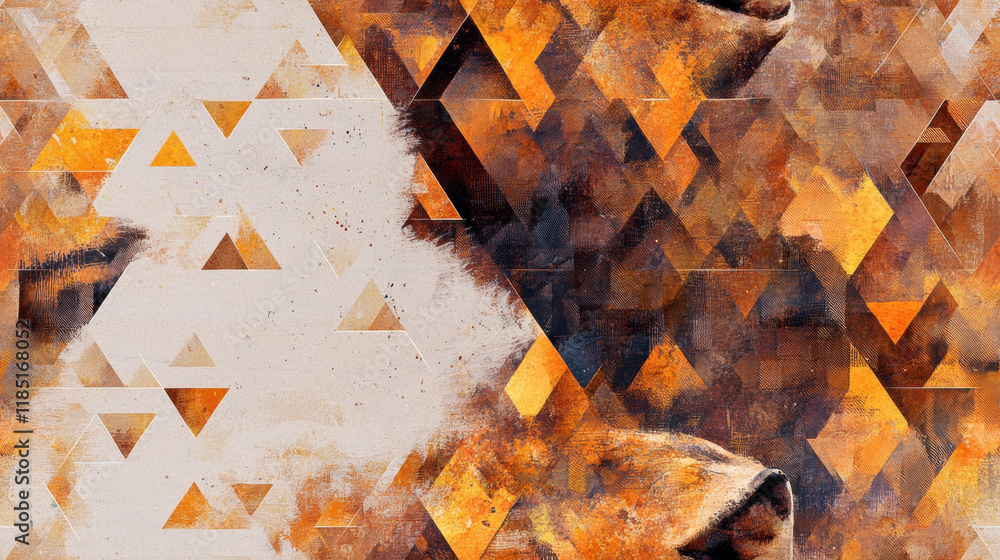 Poster seamless pattern, abstract geometric artwork featuring warm tones of orange and brown, with sharp tr