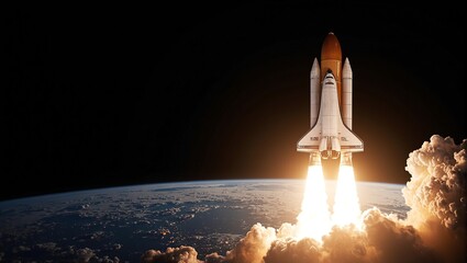 Futuristic space shuttle launching into space with fiery engines Earth in background sunlight gleaming off metallic surface
