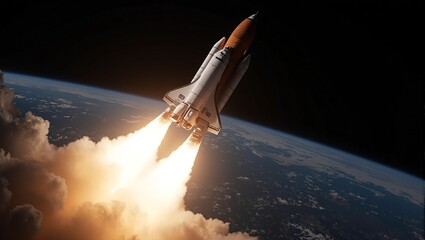 Futuristic space shuttle launching into space with fiery engines Earth in background sunlight gleaming off metallic surface