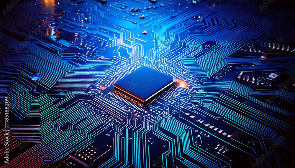 Poster stunning close-up of a circuit board with a central processor, illuminated with vibrant blue light. 