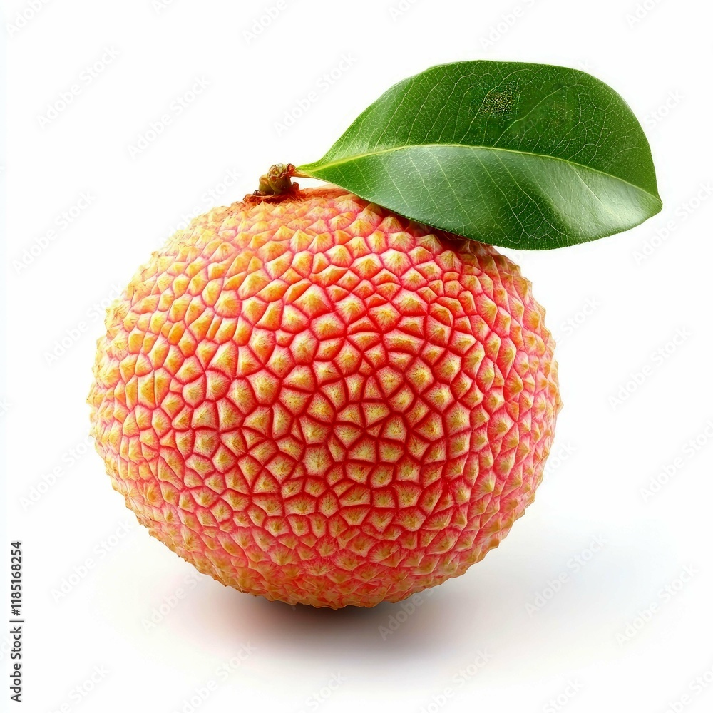 Poster Close-up of a single lychee fruit with a green leaf, isolated on a white background. The image showcases the fruit's vibrant red color and unique texture.