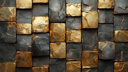 Abstract gold and black stone tile mosaic texture.