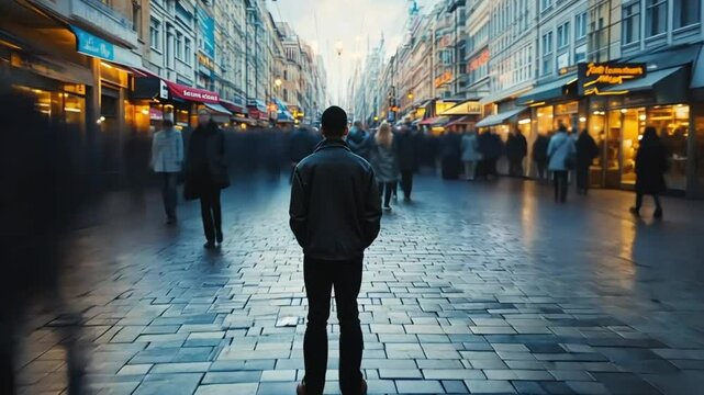 Alone man stands motionless in the middle of a crowded street while people move around him in a timelapse blur.