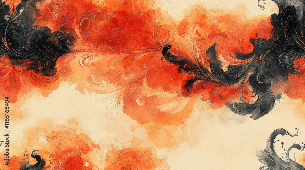 Poster seamless pattern, abstract swirling patterns in vibrant red, black, and cream hues create a dynamic 