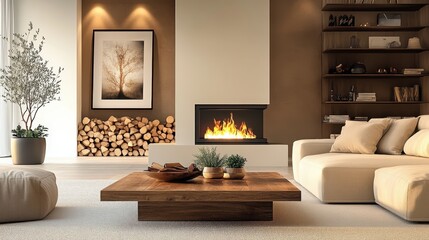 Fototapeta premium Cozy living room, warm fireplace, cream sofa, wooden coffee table, bookshelves, framed artwork, stacked firewood, soft lighting, rustic modern decor, earth tones, intimate atmosphere, hygge interior, 