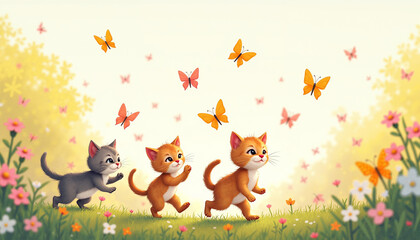 Fototapeta premium Playful kittens chasing butterflies in a vibrant garden