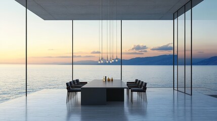 Modern Minimalist Dining Room with Panoramic Ocean View at Sunset Featuring Elegant Lighting and Contemporary Furniture