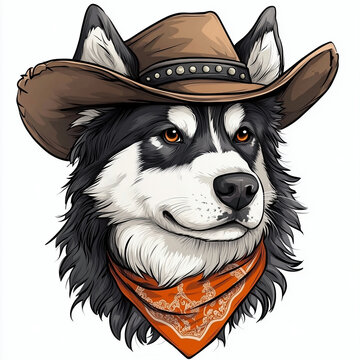 recommend clip art: Siberian Husky dog head wearing a cowboy hat and bandana illustration