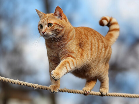 Cat walks gracefully on a tightrope in bright sunlight