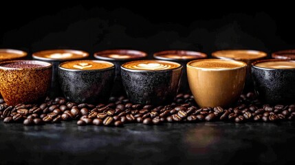 Row of coffee cups with latte art on dark background.