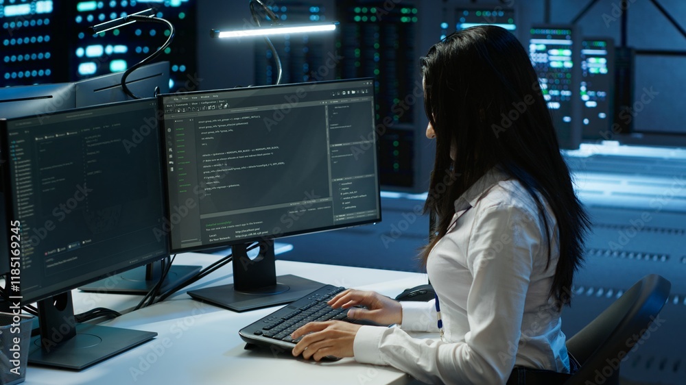 Poster engineer in data center sitting down at desk, installing software on computer, troubleshooting issue