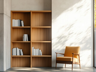Cozy Minimalist Reading Nook with Wooden Bookshelves and Armchair