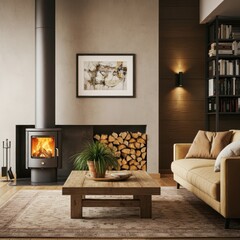 Cozy living room, warm fireplace, cream sofa, wooden coffee table, bookshelves, framed artwork, stacked firewood, soft lighting, rustic modern decor, earth tones, intimate atmosphere, hygge interior, 