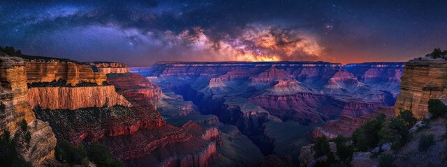 An awe-inspiring view of the Grand Canyon's layered rock formations under the Milky Way galaxy, Canyon scene, Celestial style