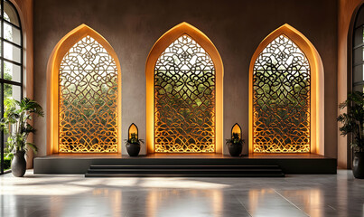 Illuminated Islamic arches, lobby, serene backdrop, event space