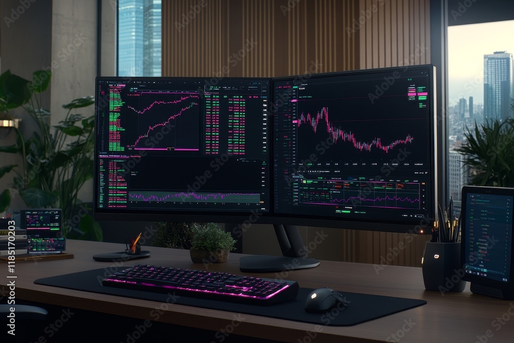 Poster modern trading desk setup with multiple monitors displaying stock market graphs, financial data, and