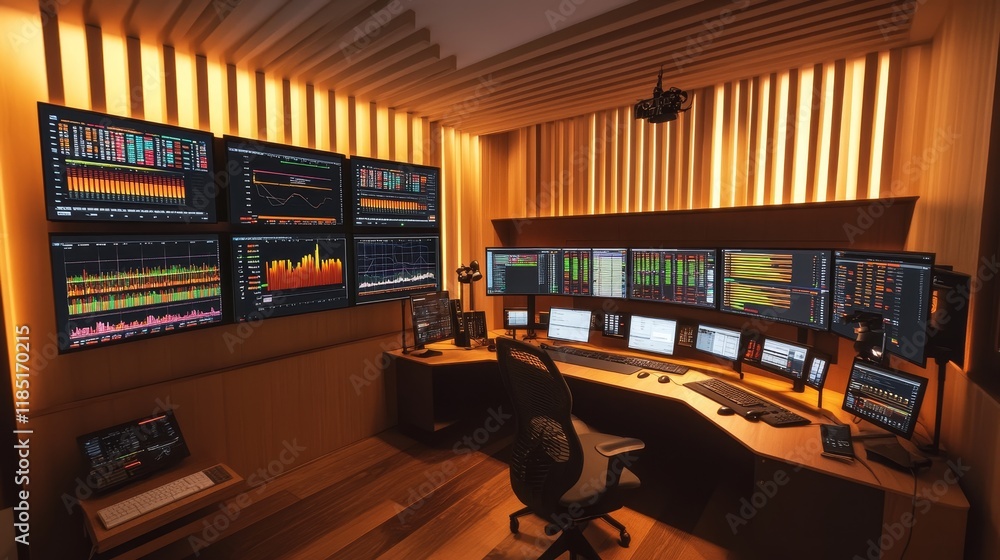 Poster modern trading room with multiple screens and advanced technology for financial analysis and stock m