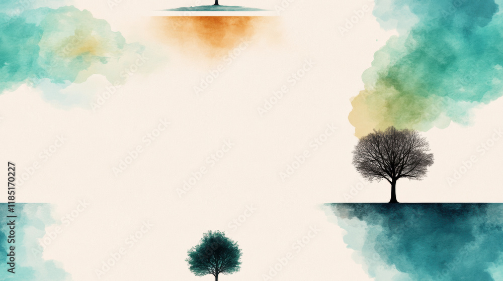 Poster seamless pattern, surreal landscape featuring three trees against a pastel background with colorful 
