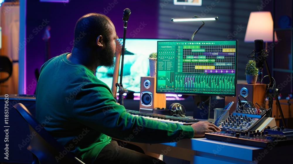 Poster sound engineer pressing keys of electronic synthesizer and composing new song, adjusting volume leve