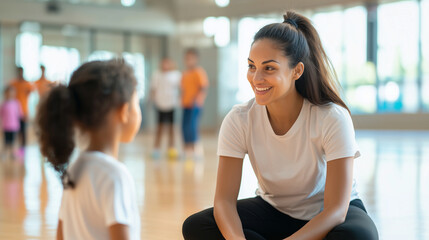Encouraging Moment Between Woman and Child in Gym Setting