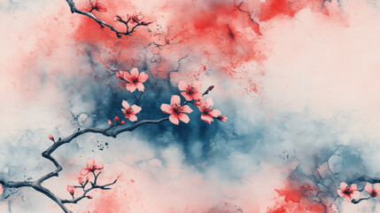 Seamless pattern, A vibrant watercolor illustration featuring delicate pink blossoms against a soft blue and coral backdrop, evoking a serene and artistic ambiance.