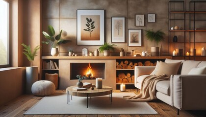 Fototapeta premium Cozy living room, warm fireplace, cream sofa, wooden coffee table, bookshelves, framed artwork, stacked firewood, soft lighting, rustic modern decor, earth tones, intimate atmosphere, hygge interior, 