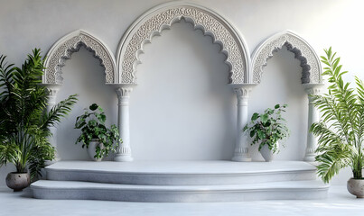 Fototapeta premium White Moroccan archway backdrop, plants, stage