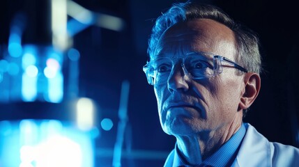 A senior male scientist explaining an experiment, confident expression, bright lighting, high-tech laboratory background,