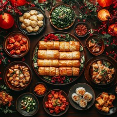 Fototapeta premium top view of Chinese dishes