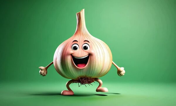 Happy Dancing Garlic Character on a Green Background 